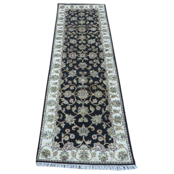 2'6x8'1 Handmade Runner Black Tabriz With Silk Oriental Rug