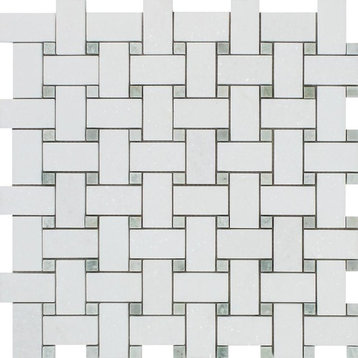 Thassos Polished Marble Basketweave Mosaic With Ming Green Dots