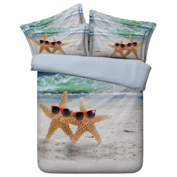 3D Bedding Cool Beach Starfish 4-Piece Duvet Cover Set, Queen