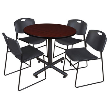 Kobe 36" Round Breakroom Table- Mahogany & 4 Zeng Stack Chairs- Black