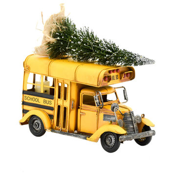 Vintage Style Yellow Model School Bus with Christmas Tree, Conversion Bus