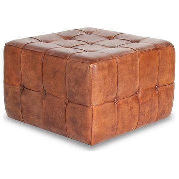 Bumble Mid-Century Modern 27.5-inch Square Genuine Leather Ottoman in Brown