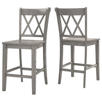 Set of 2 Bar Stools, Hardwood Legs With Curved Seat & Crossed Back, Antique Grey