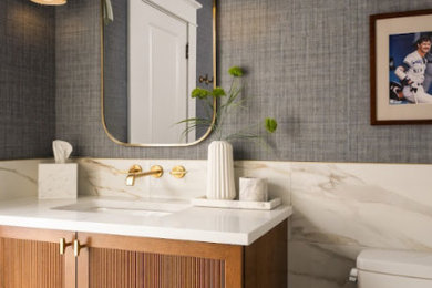 Bathroom - coastal blue floor and single-sink bathroom idea in Charleston with flat-panel cabinets, brown cabinets, gray walls, an undermount sink, white countertops and a freestanding vanity