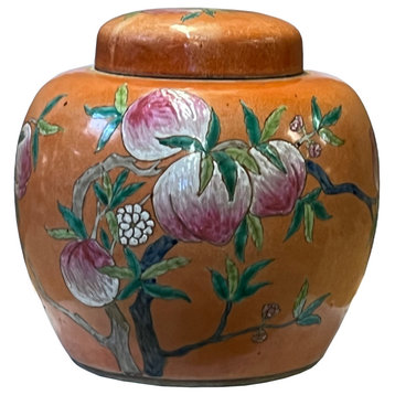 Oriental Orange Base Peaches Graphic Porcelain Round Jar Hws2557