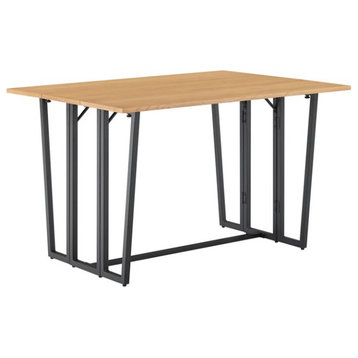 Modern Dining Table, Slanted Black Metal Base & Dual Drop Leaf Top, Light Ash
