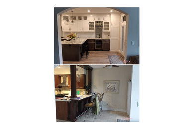 Large trendy vinyl floor kitchen photo in Toronto with an undermount sink, quartz countertops, white backsplash, ceramic backsplash and stainless steel appliances