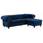 Meridian Furniture - Sabrina Velvet 2-Piece Reversible Sectional, Navy - Lounge in luxurious style and comfort with this sleek Sabrina navy velvet reversible two-piece sectional. Featuring elegant, plush velvet upholstery and a deep tufted back, this sectional is a little piece of heaven for you to kick back and relax on. Double row chrome nailheads give the sectional a contemporary element, and a reversible chaise offers a comfortable place to kick up your feet after a long day. Pillows are included as well to add to your comfort.