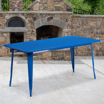 Outdoor Dining Table, Metal Construction With Rectangular Top, Blue