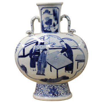 Chinese Blue White Porcelain People Graphic Oval Flat Body Vase Hws375