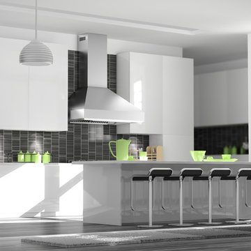 A white kitchen featuring a ZLINE 477 Stainless Steel Wall Range Hood