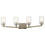 Kichler - Bath 4-Light - The 4-light wall mount from the DerynTM bath collection delivers a minimalist style with crisp, clean lines and angled structure. Accented with Clear Seeded Glass and a Distressed Antique Grey finish, the fixture makes an excellent addition to refined rustic and coastal bath settings.in.,