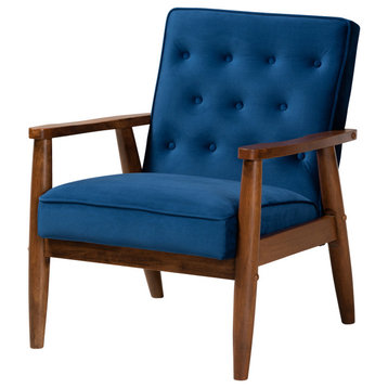 Sorrento Navy Blue Velvet Fabric Walnut Wooden Lounge Chair