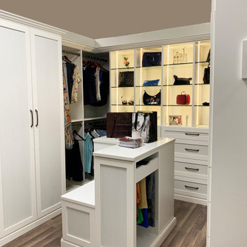 White Walk-In Closet with Center Island and Scarf Rack