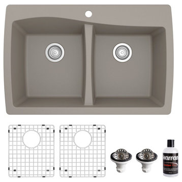 Karran Drop-In Quartz 34" 1-Hole 50/50 Double Bowl Sink Kit, Concrete