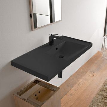 Rectangular Matte Black Ceramic Wall Mounted Bathroom Sink, One Hole