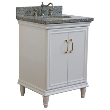 25" Single Vanity, White Finish With Gray Granite And Oval Sink