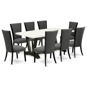 East West Furniture V-Style 9-Piece Wood Dining Set in Dark Gray/Black/White