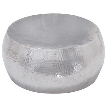 Minimalistic Coffee Table, Drum Shaped Design With Hammered Accents, Silver