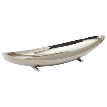 Elegant Silver Metal Long Swoop Bowl 18" Wide Minimalist Canoe Serving Classic