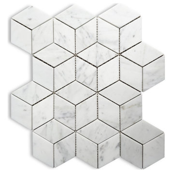 Carrara White Marble 3D Cube Illusion Rhombus Geometry Hex Tile Polish, 1 sheet