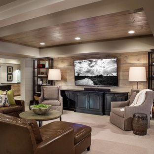 Photo of an expansive classic home cinema in Atlanta with white walls and porcelain flooring.