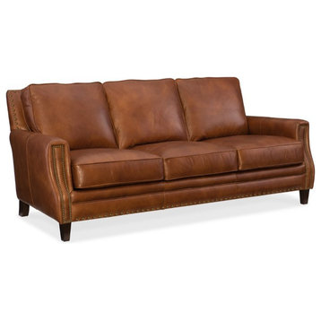Beaumont Lane Upholstered Traditional Leather Sofa with Nailhead Trim in Brown