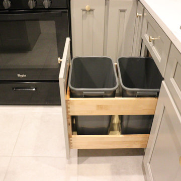 Kitchen Remodel. Light grey cabinets with white quartz Calacatta Laza countertop