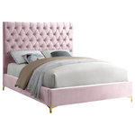 Meridian Furniture - Cruz Velvet Upholstered Bed, Pink, King - Revamp your bedroom space with this sumptuously crafted Cruz king bed from Meridian furniture. The star of the show here is the headboardits tufted with deep button tufts that not only keep its thick padding in place and aloft, but also add a modern, textural look to your space. Sleek pink velvet upholstery feels luxuriously upscale to the touch, and the high headboard and the minimalist platform frame with metal feet add a timelessly contemporary silhouette to your space.