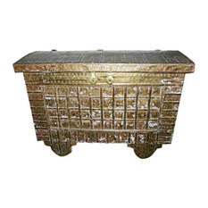 Mogul Interior - Consigned Hope Chest On Wheels Carved India Brass Cladded Trunk - Decorative Trunks