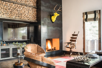 Living room - large eclectic formal and open concept medium tone wood floor living room idea in Sacramento with white walls, a standard fireplace, a metal fireplace and a media wall