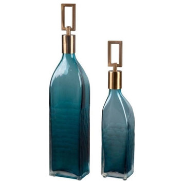 Bowery Hill Contemporary Iron Teal Glass Bottles (Set of 2)