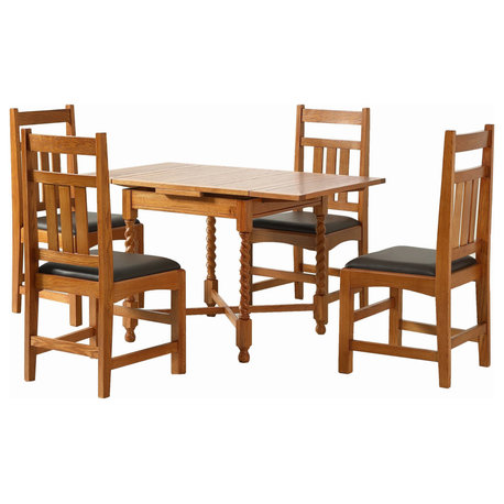 Mission Oak Kitchen Table with 2 Leaves and 4 Oak Dining Chairs - MC