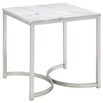 Elegant End Table, Satin Nickel Base With Half Circle Accent & Faux Marble Top