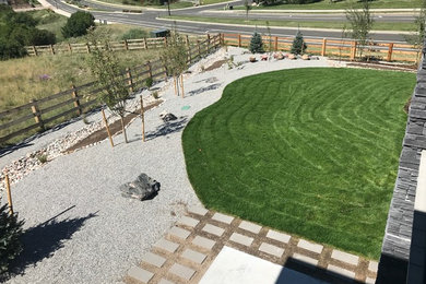 Photo of a large contemporary full sun backyard gravel walkway in Denver.