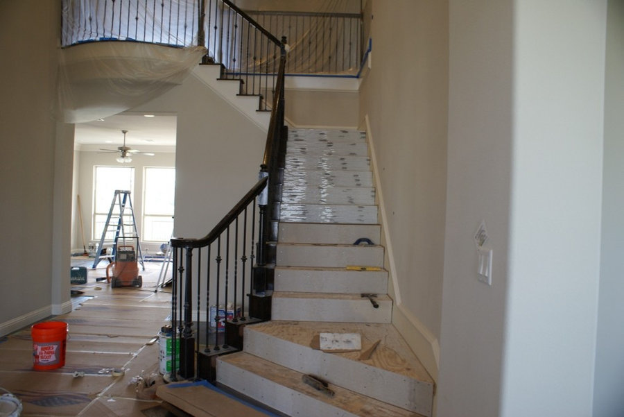 Glass tile, Engineered wood and stacked stone