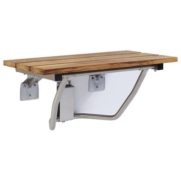 Rectangular Folding Shower Seat, Teak Wood, 28 Inch, Wall Mount