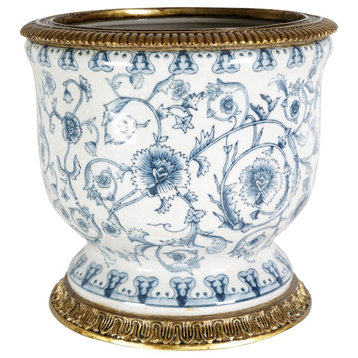 Beautiful Blue and White Floral Porcelain Vase Ormolu Brass Accent 10"
