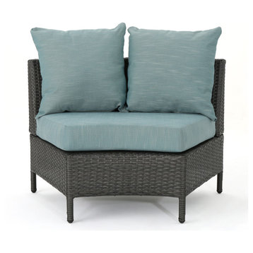 Harper Outdoor Wicker Curved Loveseat Sectional With Cushions, Gray/Teal