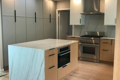 Mid-sized trendy beige floor enclosed kitchen photo in San Francisco with flat-panel cabinets, light wood cabinets, marble countertops, multicolored backsplash, marble backsplash, stainless steel appliances, an island, multicolored countertops and an integrated sink