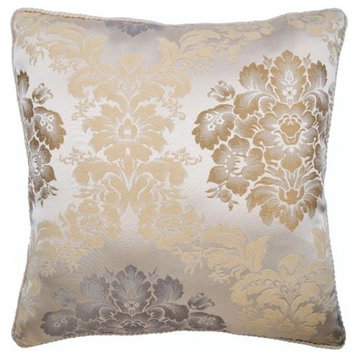 Beige Decorative Pillows Jacquard Silk 20"x20" Damask, Rococo Fantasy
