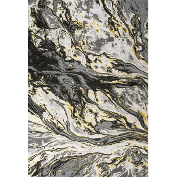 Swirl Marbled Abstract Area Rug, Black/Yellow, 8 X 10