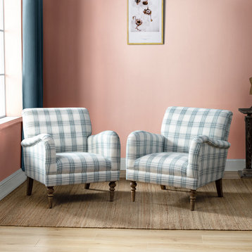 Upholstered Amchair With Plaid Pattern Set of 2, Blue