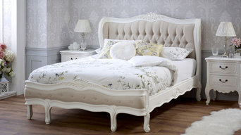 French Chateau White Painted Button Upholstered Linen Bed