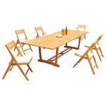Teak Deals - 7-Piece Outdoor Teak Dining: 117" Masc Rectangle Table, 6 Surf Folding Chairs - Set includes: 117" Double Extension Rectangle Dining Table and 6 Folding Arm Chairs.