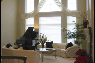 Living room - large contemporary formal carpeted living room idea in Cincinnati with white walls, a standard fireplace and a tile fireplace