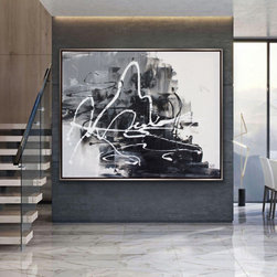 Preethi Arts - 90x72In Black White Abstract Original Handmade Framed Art Modern - Paintings