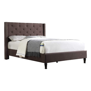 Classic Platform Bed, Brown Linen Upholstery With Button Tufted Headboard, Queen
