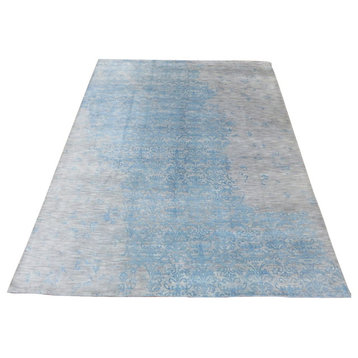 Hand-Knotted Gray and Sky Blue Silk Oriental Rug With Silk, 8'6x11'8