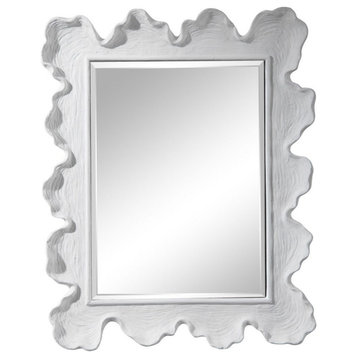 Coastal Coral Rectangular Mirror in Matte White Finish Waves and Textured Frame